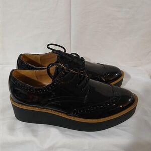 Madden Girl Glossy Black Oxfords with Tan Sole